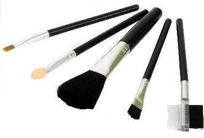 5-piece makeup brush set with black handles, green/white ferrules, and various brush heads