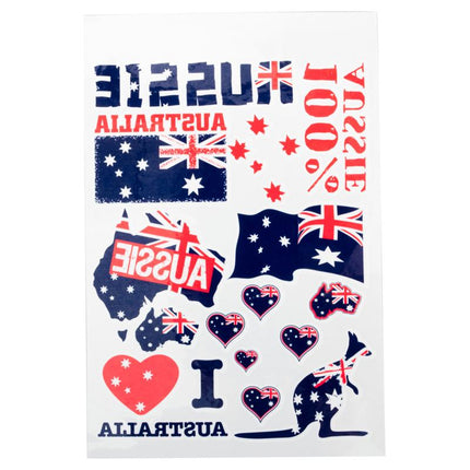 Sheet of temporary Australia tattoos with flags, hearts, kangaroo and stars