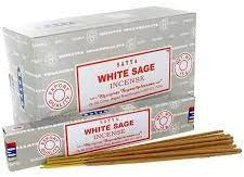 Rectangular Satya White Sage incense box with matching outer package