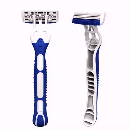 Disposable 3-blade razor with blue head and white handle, two angle view
