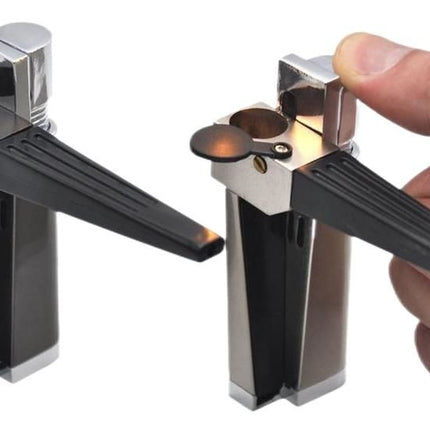 Chrome and black windproof pocket lighter with lever and circular ignition top