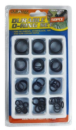 Assorted black rubber O-ring washers in blister pack, 50 pcs
