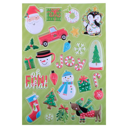 3D bubble Christmas sticker sheet with penguin, truck, trees, ornaments, and candy cane