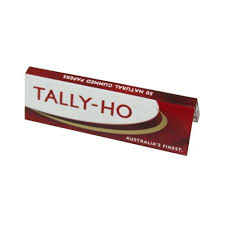 Tally-Ho cigarette paper booklet box top, maroon with logo and 'Australia's finest'
