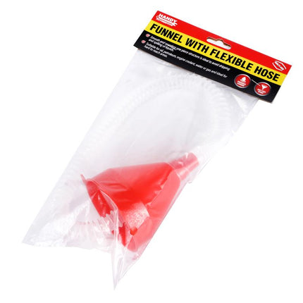 Flexible hose funnel in clear bag packaging with red funnel tip