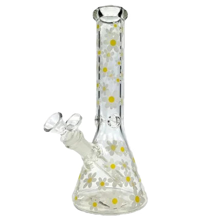 Clear daisy water beaker with yellow flower print, flared base and angled mouth