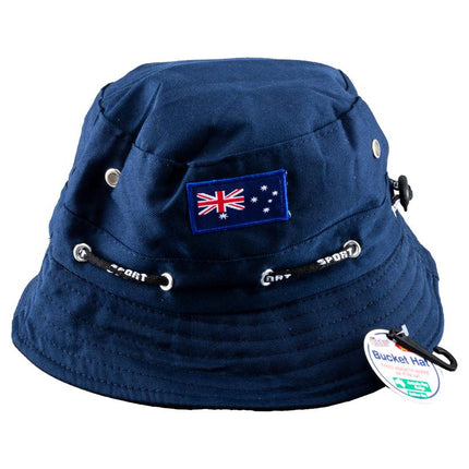 Navy bucket hat with embroidered Australian flag patch and chin drawcord