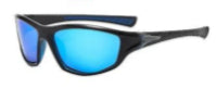 Men's sport sunglasses with blue lenses and dark frame, wraparound style