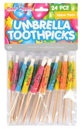 24-piece umbrella toothpick set with multi-colored mini umbrellas and sticks
