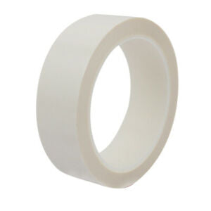 White PVC tape roll, clear outer core, self-adhesive strip wound on spindle