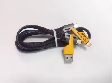 Yellow and black braided cable with USB-A plug and Type-C connector