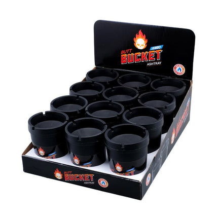 Jumbo ashtray butt bucket display set with removable black cups in open tray