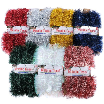Metallic tinsel roll 5m x 9cm, assorted red, green, white, yellow and blue spools