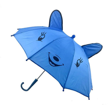 Kids shark-shaped umbrella in blue with big eye face print and curved handle