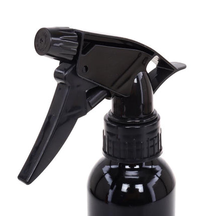 Black aluminium spray water bottle with trigger sprayer and nozzle, 280 ml