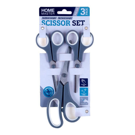 Scissors set 3-pack with blue handles and silver blades, blister pack