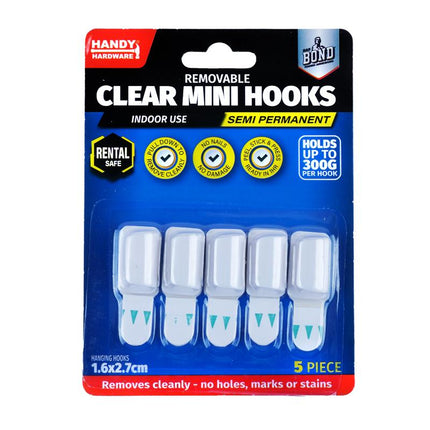 Clear mini removable cable hooks, 5-pack, blister card packaging