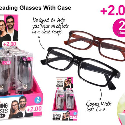 Unisex +2.00 reading glasses set with soft case, red and black frames