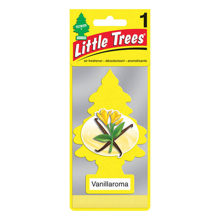 Little Trees Vanillaroma air freshener, yellow tree-shaped hanging pack with vanilla pod