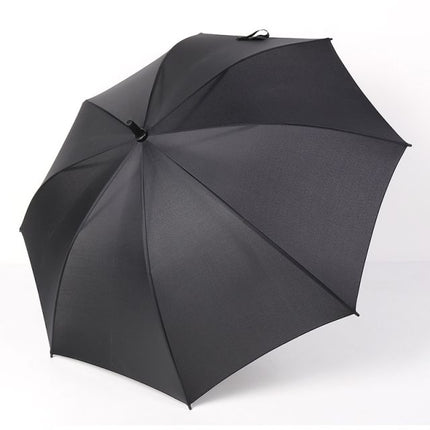 Black large auto-open umbrella with hooked handle, open canopy and top strap