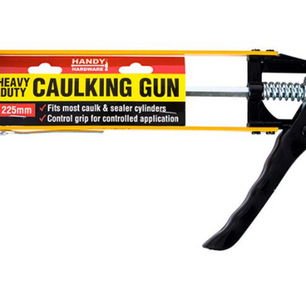 Heavy-duty caulking gun with orange barrel, black trigger handle, and metal rod