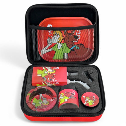 Red 7-piece waterpipe accessories kit in black zippered case with matching bowls