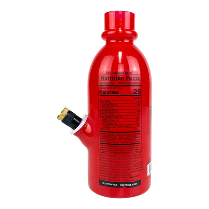 Red Prime water bottle showing nutrition facts panel and squeeze spout.