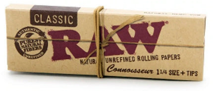 RAW 1 1/4 size Connoisseur rolling papers and tips in sealed pack