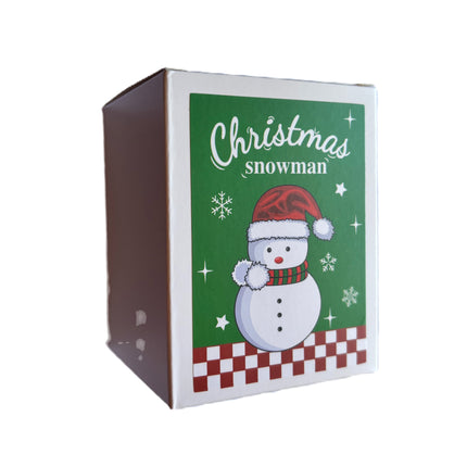 Christmas snowman candle gift box, green with snowman illustration and checkered base