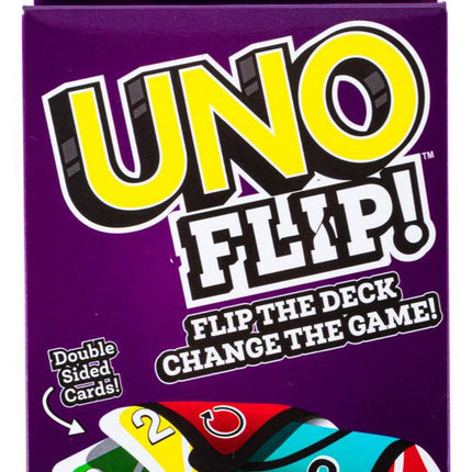 UNO Flip card game box in purple with title text and deck-change slogan