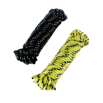 Diamond-braided poly rope coils in dark navy and bright lime, loose bundles