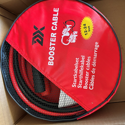 Red round carry bag for booster cables, with BOOSTER CABLE text on top