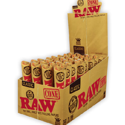 RAW Classic rolling paper cones display box, brown tubes labeled CONE and RAW.