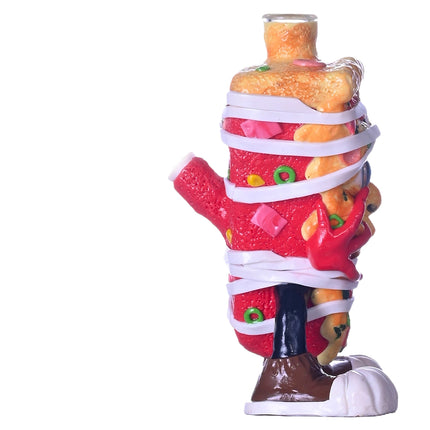 Pizza-themed glass water pipe in 3/4 view with raised arm and white wrap straps