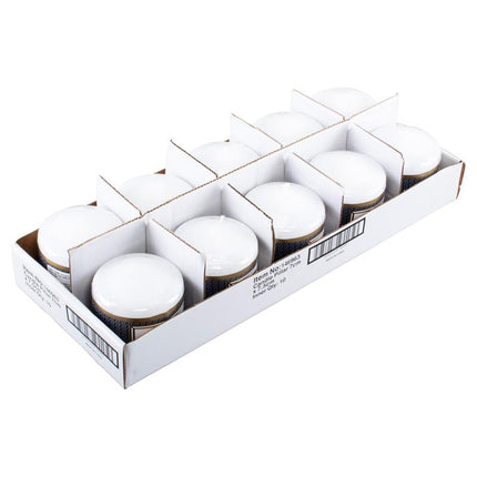 Pack of white unscented pillar candles in a cardboard tray with blue labels