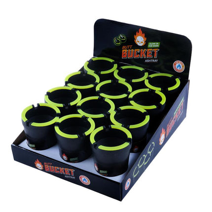 Glow-in-the-dark butt ashtray bucket with neon green glowing openings and lid