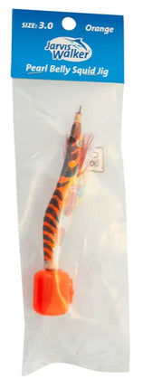 Orange squid jig with pearly belly and striped body, shown in clear package