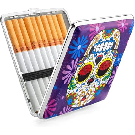 Metal cigarette case open with cigarettes; purple and multicolor sugar skull exterior