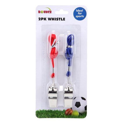 2-pack whistle set on retail card with red and blue whistles and cords