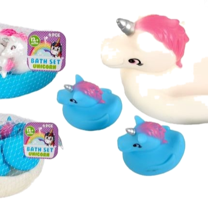 4-piece unicorn bath set: pink-and-blue unicorn plush, floating sponge toys
