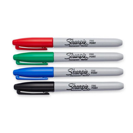 Assorted Sharpie fine point permanent markers in red, green, blue, and black