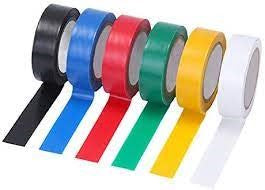 Electrical insulation tape rolls in black, blue, red, green, yellow, and white