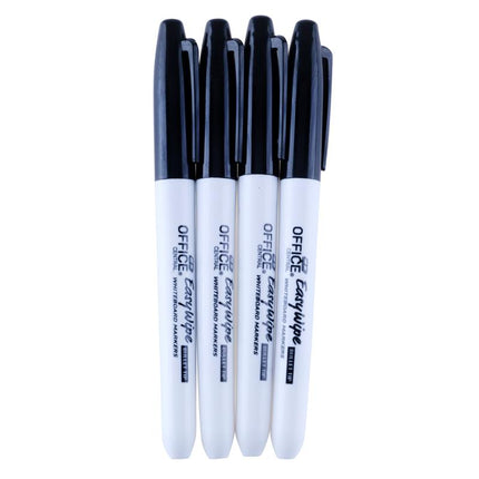4 whiteboard markers with black fine bullet tips, white barrels and dark tip ends