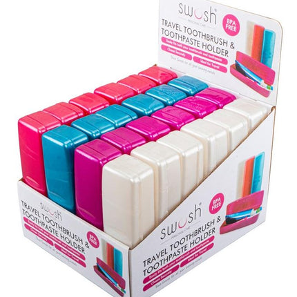 Swosh travel toothbrush and paste holder display with multiple colorful cases
