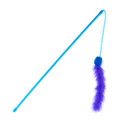 Blue cat wand with purple fuzzy feather tail on a string loop