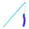 Blue cat wand with purple fuzzy feather tail on a string loop
