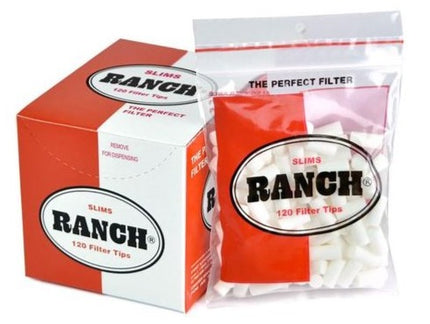 Ranch Slims filter tips in clear bag with red label, plus orange paper box