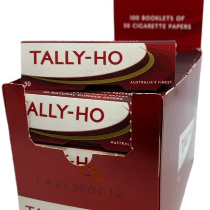 Tally-Ho cigarette paper booklet box, maroon with open lid showing inner packs