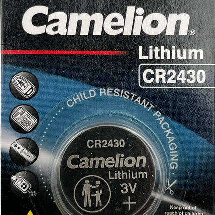 Camelion CR2430 3V lithium button cell battery in child-resistant packaging