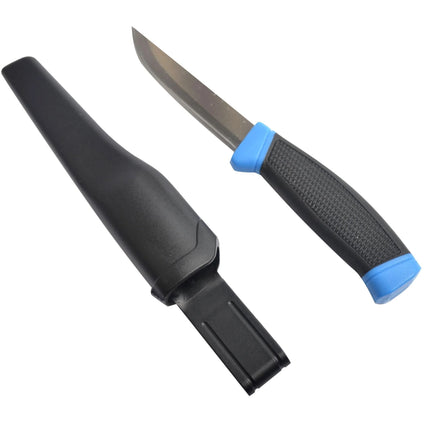 4-inch bait knife with black safety sheath and blue-accent handle